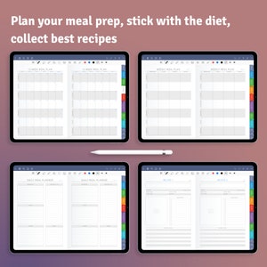 May include: Four digital tablet screens showing a meal planner template. The screens are labeled "12-Week Meal Plan", "Weekly Meal Plan", "Daily Meal Planner", and "Recipes".