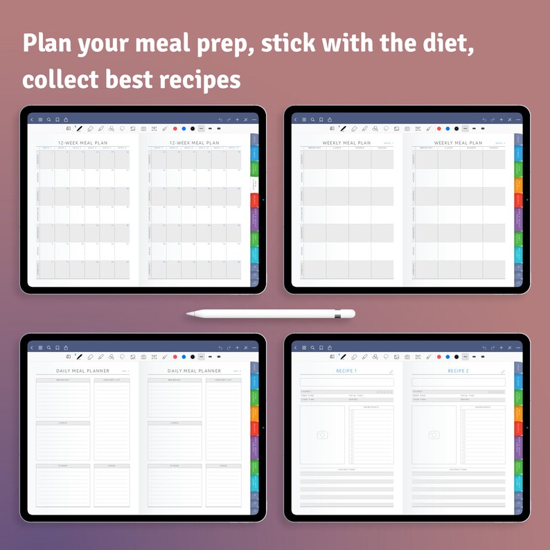 May include: Four digital tablet screens showing a meal planner template. The screens are labeled "12-Week Meal Plan", "Weekly Meal Plan", "Daily Meal Planner", and "Recipes".