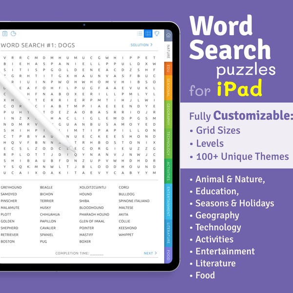 iPad Word Search Puzzles: 100+ Themes, Customizable Grids (Digital)