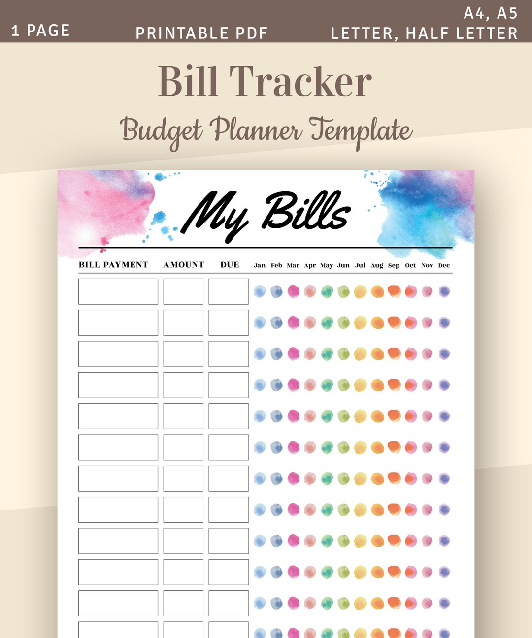 Monthly Bill Tracker Printable, Payment Planner (PDF Template) - Etsy