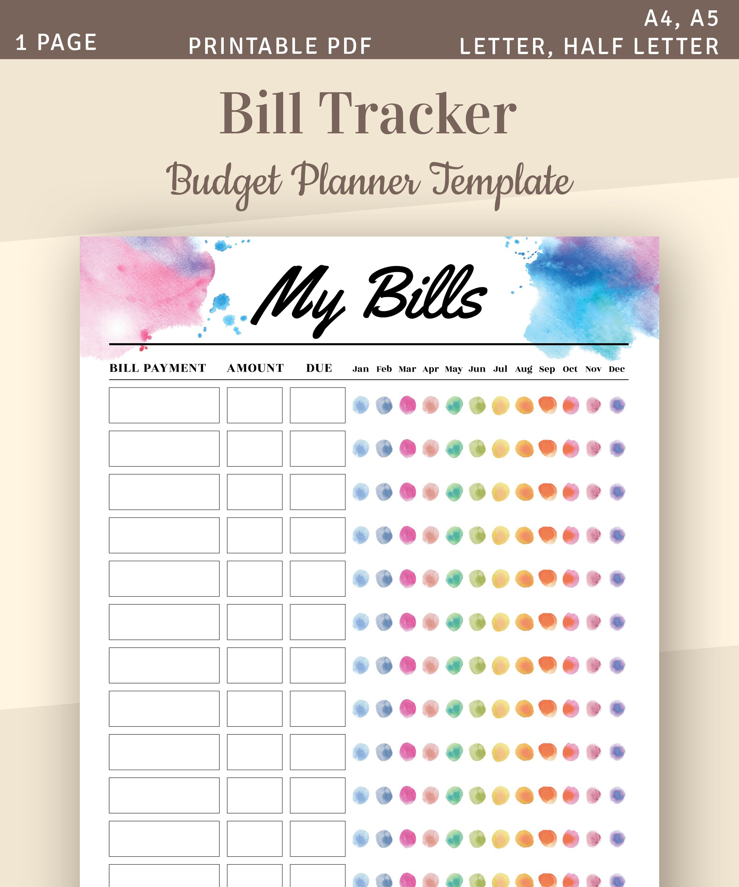 Bill Tracker, Monthly Bill Planner, Bill Payment Tracker