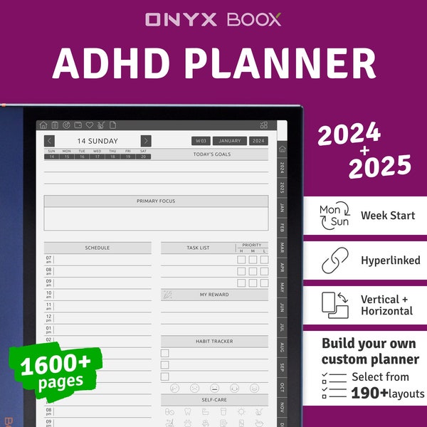 2024 - 2025 Onyx BOOX - ADHD Planner, Hyperlinked Digital Planner Bundle, Digital Download PDF Template for Boox Note Air Tablet