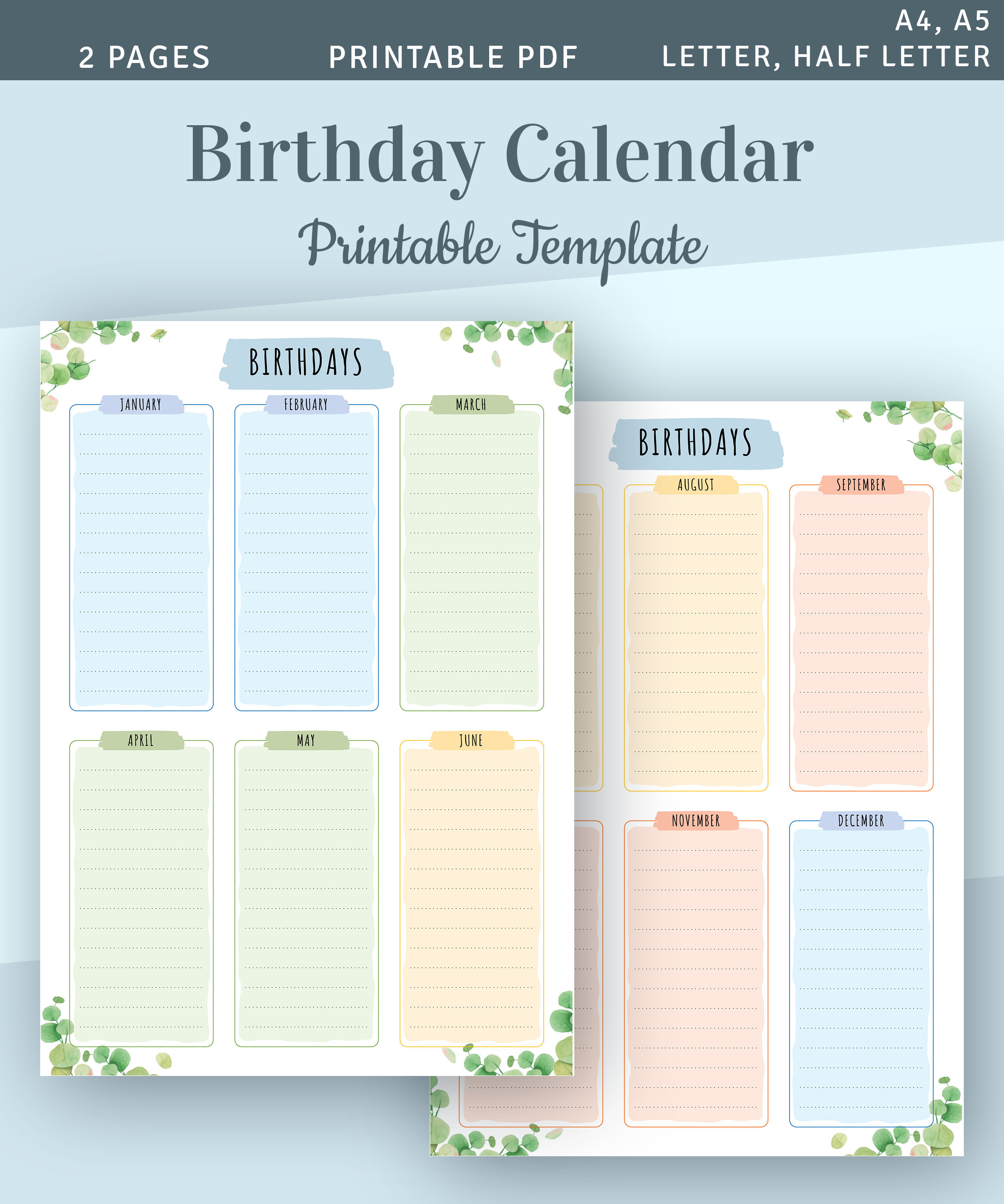 Printable Birthday Calendar Template Birthday List Perpetual | Etsy