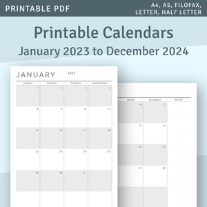 January 2024 to December 2024 Monthly Calendar with Notes, Printable Planner Template