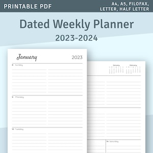 May include: A black and white printable weekly planner for the year 2023-2024. The planner has a section for each day of the week, with space for writing notes and appointments. The planner also includes a monthly calendar for January and February.