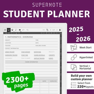 2025 + 2026 Supernote Student Planner, Hyperlinked Digital Planner, Yearly / Quarterly / Monthly Calendars included, Portrait / Landscape