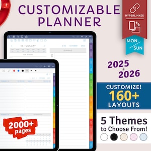 Planner digitale personalizzabile 2025 + 2026 per tablet Android/iPad, modello Samsung Notes, Goodnotes, Notability, PDF con collegamento ipertestuale