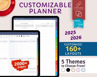 2025 + 2026 Customizable Digital Planner for Android / iPad tablet, Samsung Notes Template, Goodnotes, Notability, Hyperlinked PDF