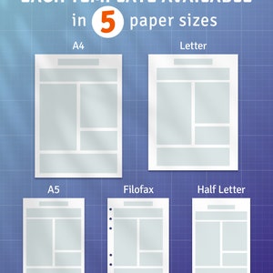May include: Illustration of five different paper sizes: A4, Letter, A5, Filofax, and Half Letter. Each paper size is represented by a white sheet with a grid layout, showcasing the different dimensions and proportions.