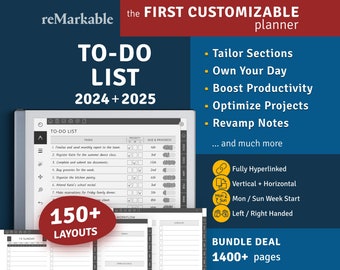 reMarkable To-Do List Template, Hyperlinked Digital Planner, Yearly / Quarterly / Monthly Calendars included, Portrait / Landscape Modes