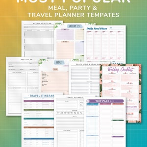 May include: A collection of printable planner templates for meal planning, party planning, and travel planning. The templates feature a variety of designs, including floral patterns, geometric shapes, and simple lines. The templates are designed to help you organize your life and stay on track with your goals.