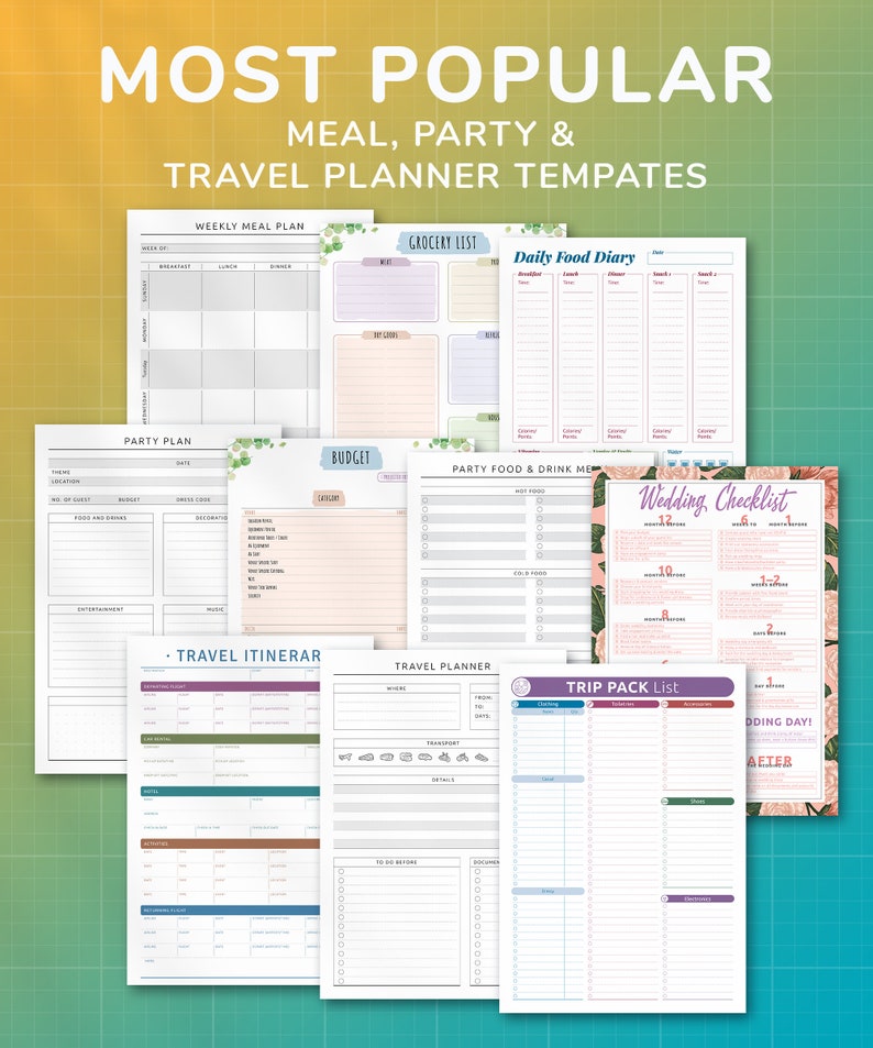 May include: A collection of printable planner templates for meal planning, party planning, and travel planning. The templates feature a variety of designs, including floral patterns, geometric shapes, and simple lines. The templates are designed to help you organize your life and stay on track with your goals.
