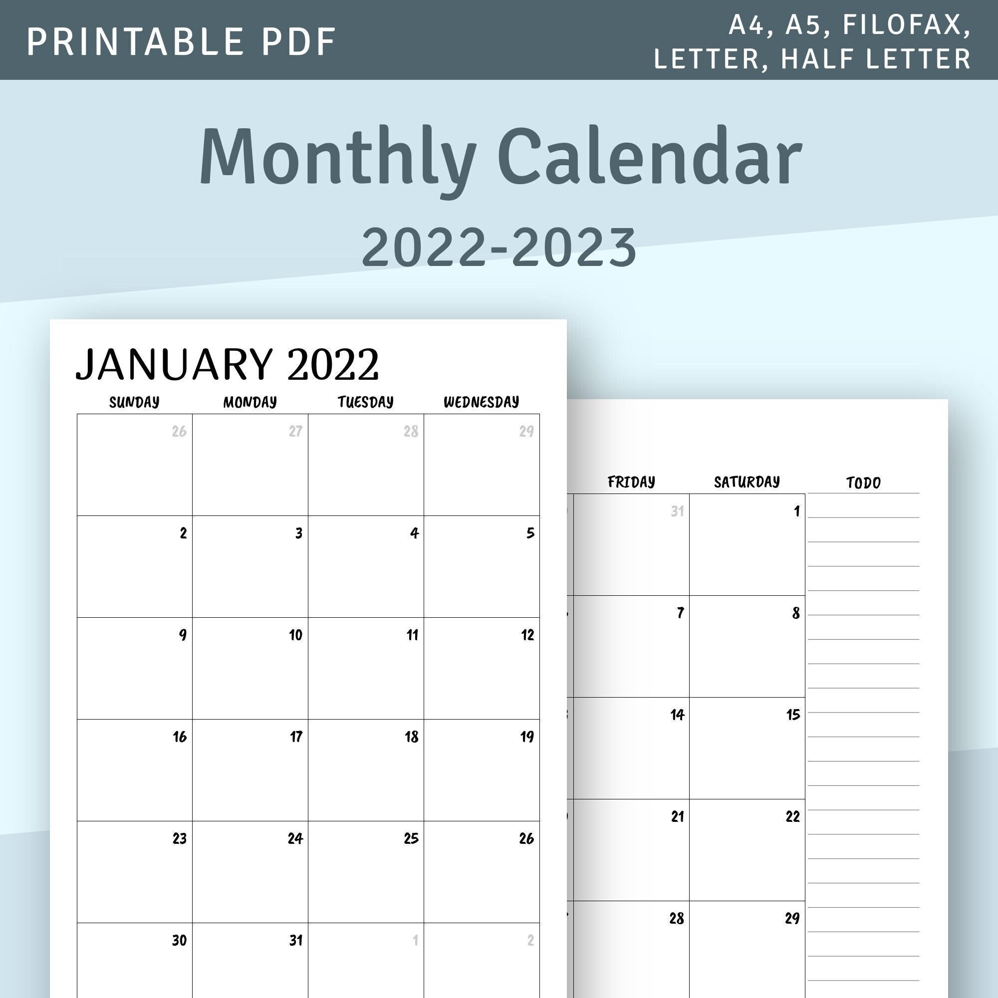 Printable Calendar Monthly 23 23, Month on Two Page Planner, Minimalist  Printable Monthly Calendar Template, Year Calendar PDF Insert Inside Month At A Glance Blank Calendar Template