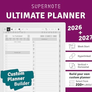 May include: A digital planner for Supernote devices featuring a white stylus, a daily schedule interface with task lists, and text indicating 2026 and 2027 coverage. The layout includes hyperlinked navigation, week start options, and custom builder tools.