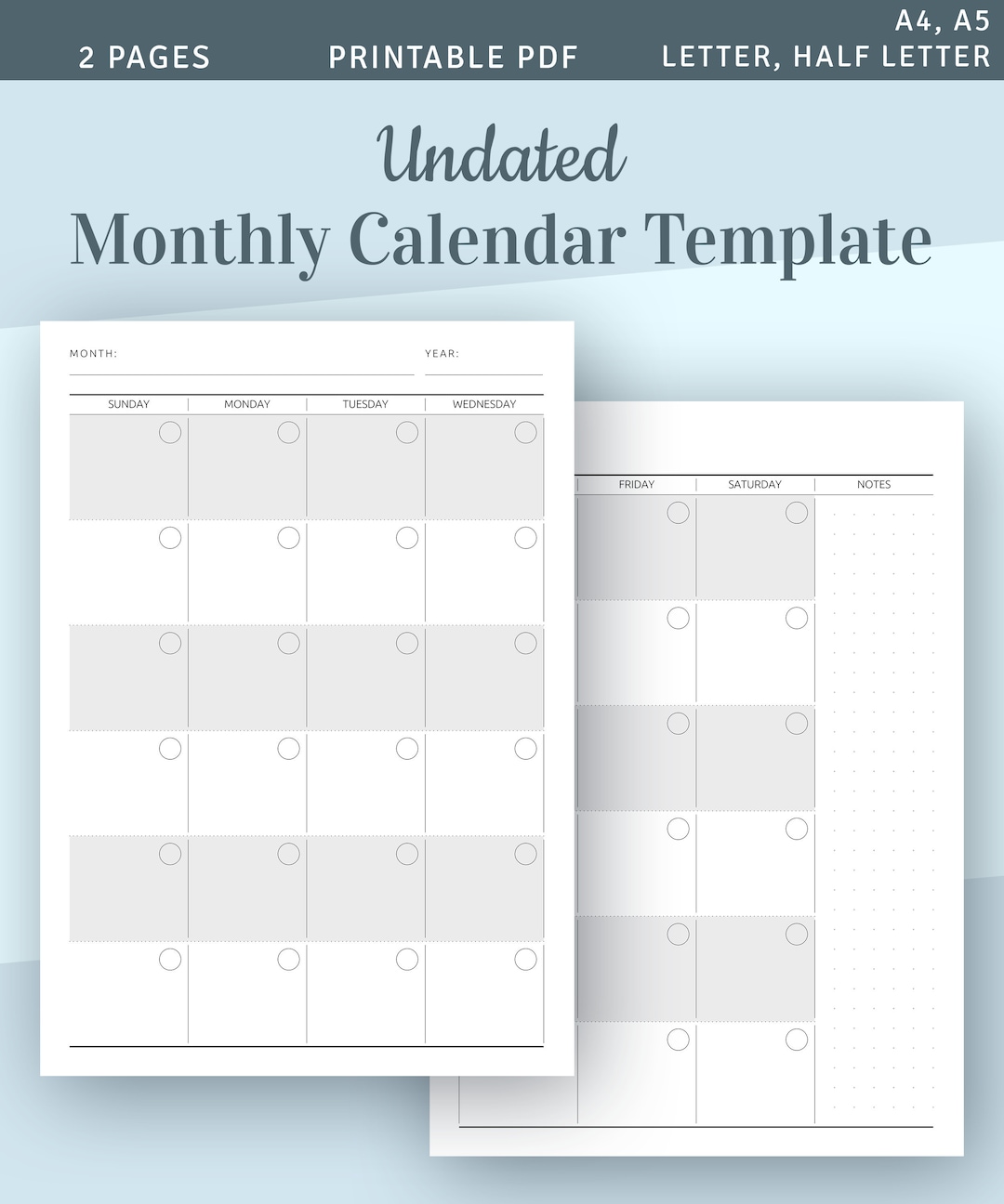 Undated Monthly Calendar Printable Template, Monthly Planner, Month on ...