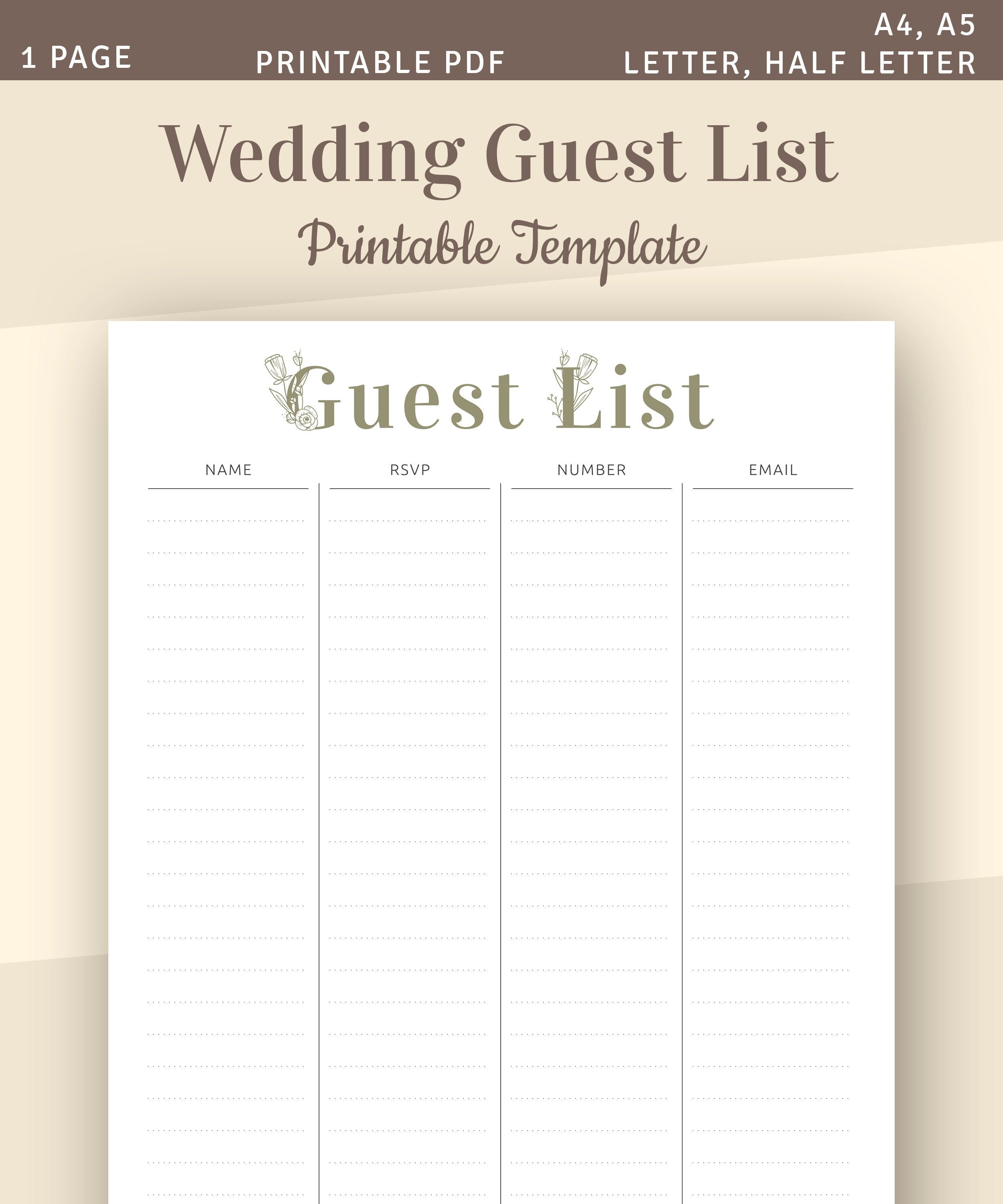 Wedding Guest List Printable Wedding Template Guest List Etsy