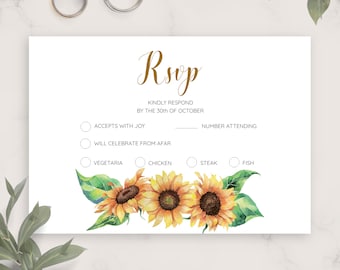 Simple Sunflower Wedding Rsvp Card Template, Printable Wedding Rsvp Postcard, Editable Response Card, Kindly Reply, PDF, JPG, PNG