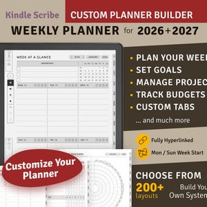 Peut inclure: Un modèle de planificateur numérique pour Kindle Scribe pour 2026 et 2027 avec une mise en page hebdomadaire, des onglets personnalisés et une navigation hyperliée. L'interface affiche un aperçu hebdomadaire, des outils de gestion et 200 mises en page.