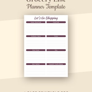 May include: A printable grocery list planner template with the title "Let's Go Shopping". The template is divided into six sections: Canned/Boxed Foods, Frozen Foods, Condiments/Spices, Produce, Bread/Cereal, Dairy, Meat/Seafood, and Household/Health & Beauty. Each section has lines for writing a grocery list.