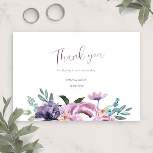 Exotische Blumen Lila Hochzeit Dankeskarte, Druckbare Dankeskarte Vorlage, Benutzerdefinierte bearbeitbare Dankeskarte Herunterladbare PDF, JPG, PNG
