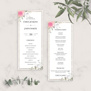 Plantilla de programa de boda floral elegante, programa para boda, cronología de ceremonia de boda imprimible, programa de boda editable, PDF, JPG, PNG
