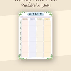 May include: A printable weekly meal plan template with a watercolor design. The template includes sections for breakfast, lunch, dinner, and snacks, with space for each day of the week. The text "Weekly Meal Plan Printable Template" is at the top, and "1 PAGE PRINTABLE PDF" is at the bottom.