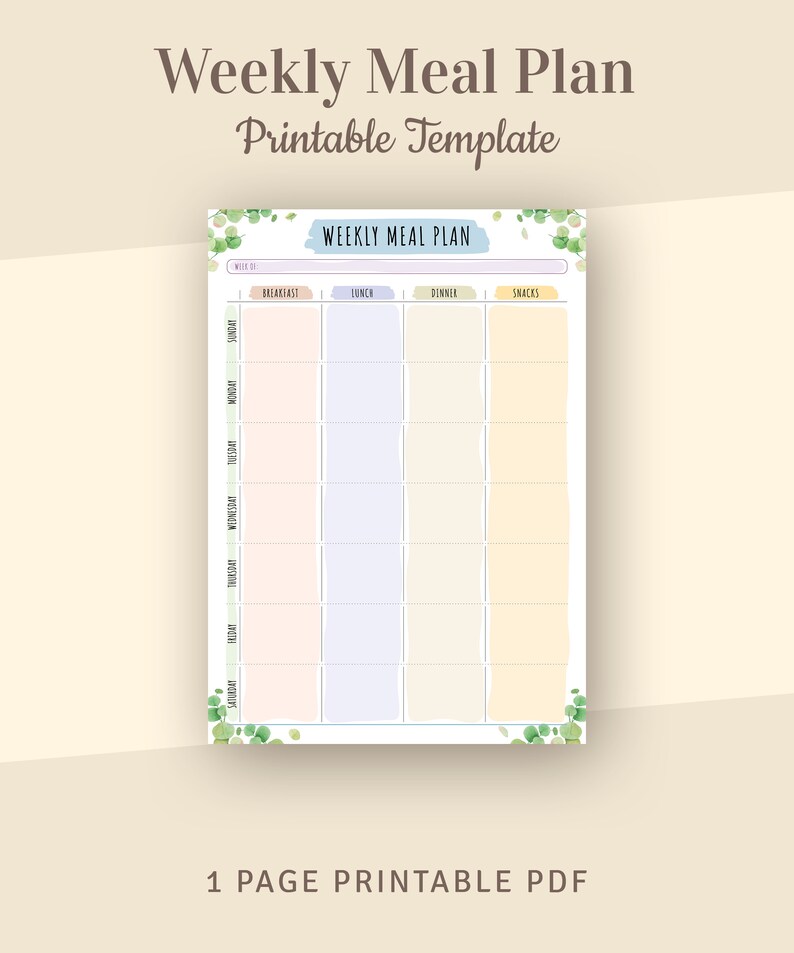 May include: A printable weekly meal plan template with a watercolor design. The template includes sections for breakfast, lunch, dinner, and snacks, with space for each day of the week. The text "Weekly Meal Plan Printable Template" is at the top, and "1 PAGE PRINTABLE PDF" is at the bottom.