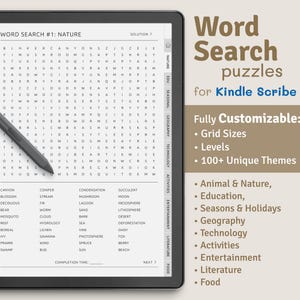 May include: A gray Kindle Scribe e-reader with a word search puzzle displayed on the screen. The puzzle is titled "Word Search #1: Nature". The screen also shows a list of words related to nature, such as "canyon", "blossom", "deciduous", and "conifer". The e-reader is on a white surface.