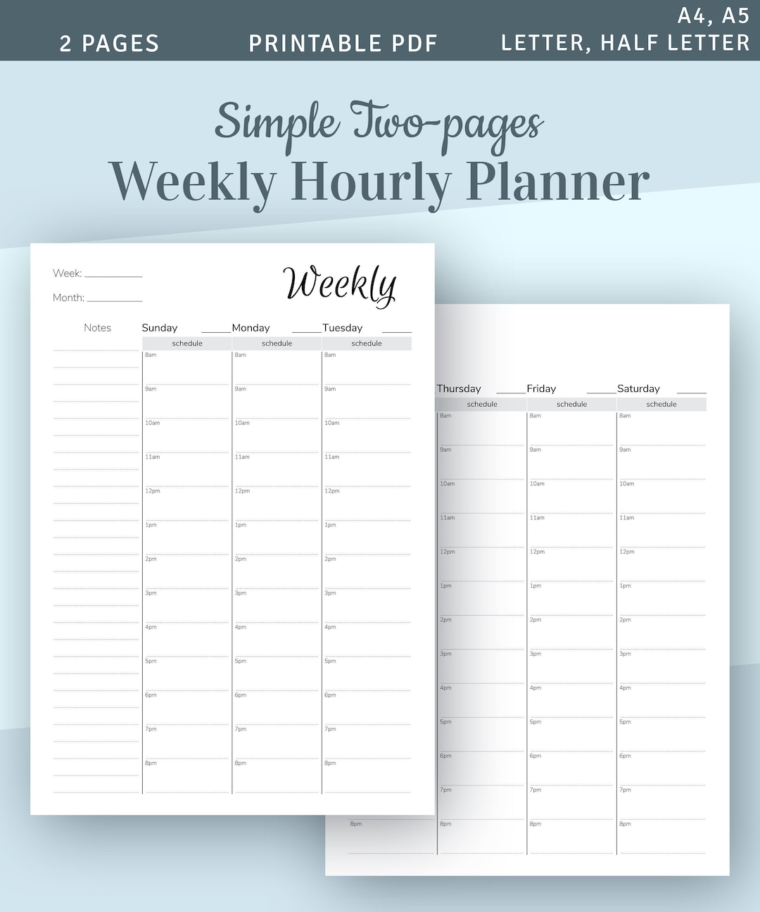 Weekly Hourly Planner Template, Twopages Weekly Schedule, 2024 2025