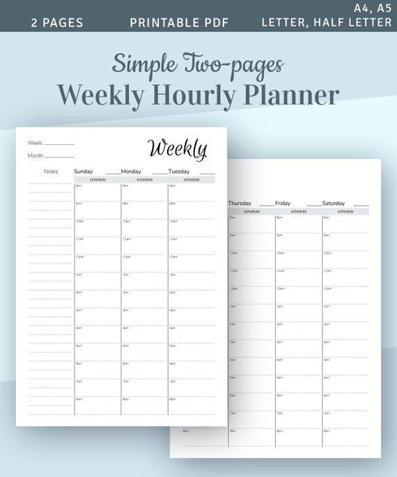 weekly hourly planner template two pages weekly schedule etsy