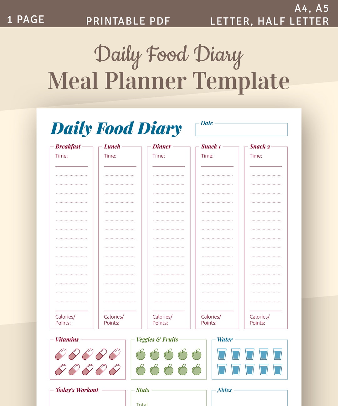 Daily Food Diary, Meal Planner Template, Printable Food Tracker, Diet