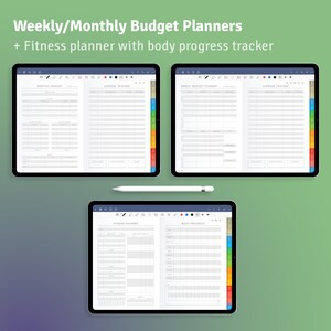 May include: Three digital tablets displaying budget and fitness planners. The top tablet shows a monthly budget and expense tracker. The right tablet shows a weekly budget and expense tracker. The bottom tablet shows a fitness planner and body progress tracker. A white stylus is in the center.
