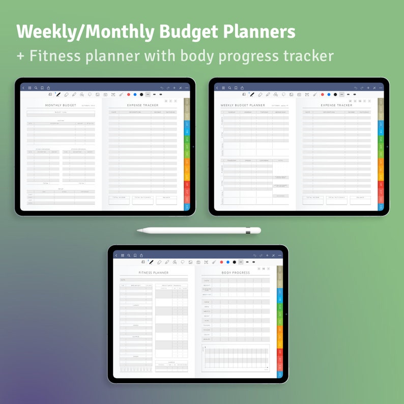 May include: Three digital tablets displaying budget and fitness planners. The top tablet shows a monthly budget and expense tracker. The right tablet shows a weekly budget and expense tracker. The bottom tablet shows a fitness planner and body progress tracker. A white stylus is in the center.