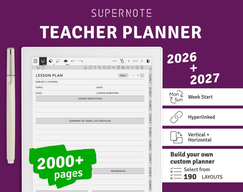 Teacher Planner 2026 + 2027 for Supernote Tablets, Digital Hyperlinked ...