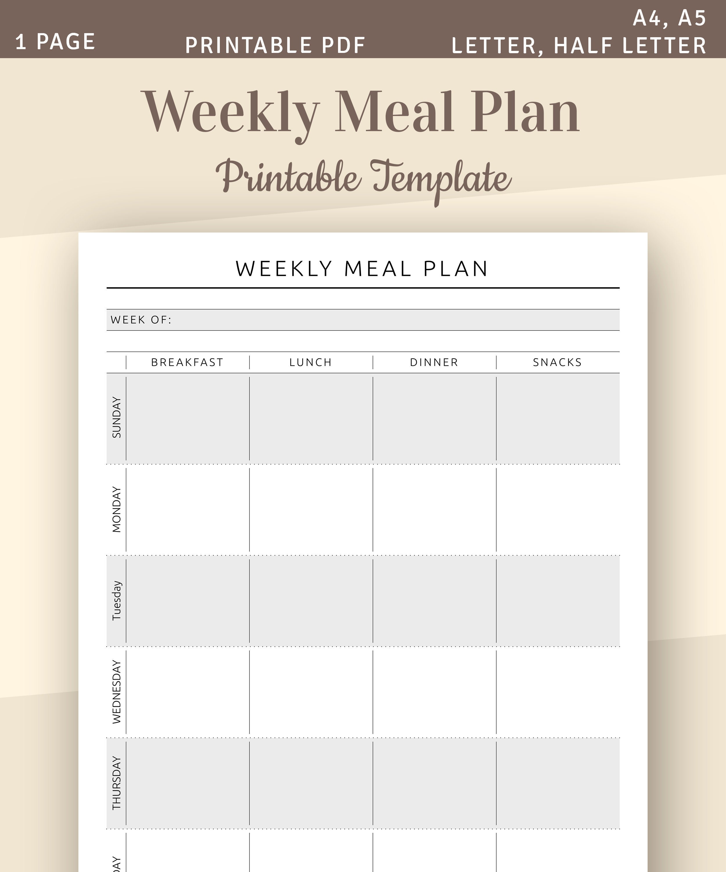 Weekly Meal Plan Printable, Week Menu Planner, Weekly Food Planner  Template, Family Meal Planning, A22, A22, Letter, Half Letter PDF insert For Blank Meal Plan Template