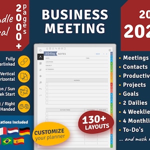 May include: Digital business meeting planner with a white background, featuring sections for meetings, contacts, and goals. Includes 130+ layouts, fully hyperlinked, vertical and horizontal options, and customizable features. The planner is designed for 2026 and 2027.