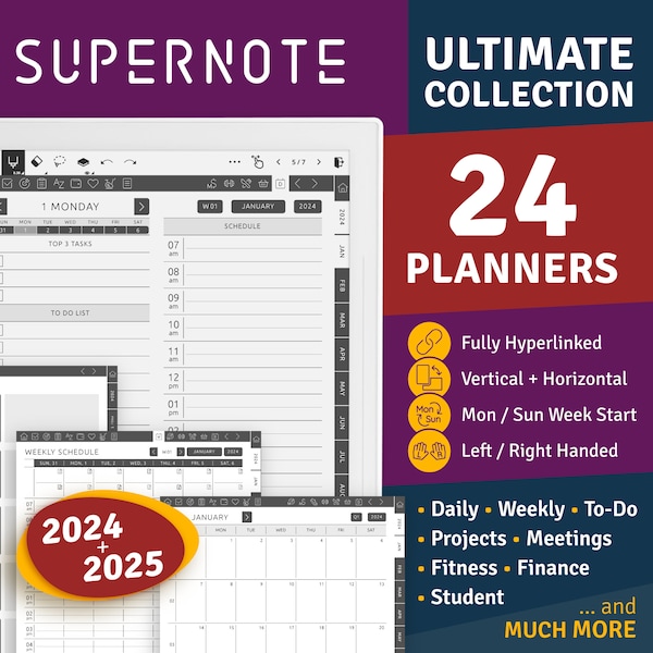 Supernote Digital Planner Bundle 2024 + 2025 Ultimate Collection Pack, Supernote templates, planners, journals, meetings notes, to do, daily