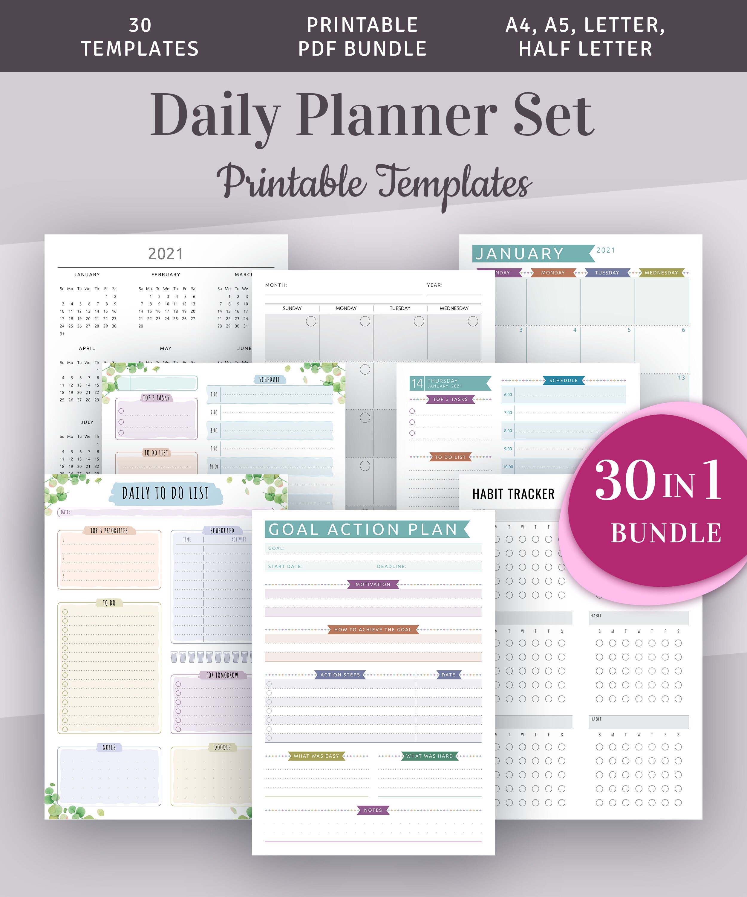 Daily Hourly Planner Templates Pack Printable Daily Agenda Etsy
