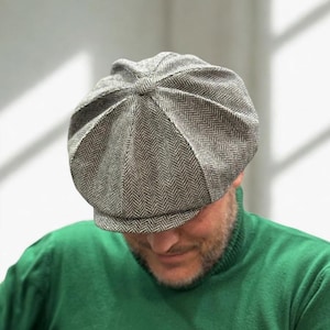 Spring grey-black herringbone wool cap,wool newsboy cap,grey-black applejack hat,peaky blinders hat,retro style wool Gavroche hat,Shelby cap image 1