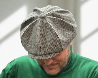 Spring grey-black herringbone wool cap,wool newsboy cap,grey-black applejack hat,peaky blinders hat,retro style wool Gavroche hat,Shelby cap