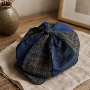 Blue-brown patchwork cap,corduroy+wool newsboy cap,mixed fabric cap,Gavroche cap,multicolored patchwork cap,applejack hat,Peaky blinders cap