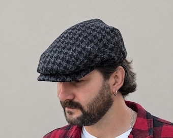 Black-grey wool flat cap,wool houndstooth flat cap,fall wool flat cap for men,newsboy cap,wool Ivy cap,black-grey flat cap,mens pageboy hat