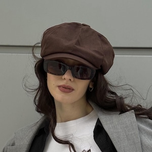 Oversized brown linen cap,summer linen newsboy cap woman,sun 8-panels linen hat,schiebermütze damen,brown Gavroche hat,linen applejack cap