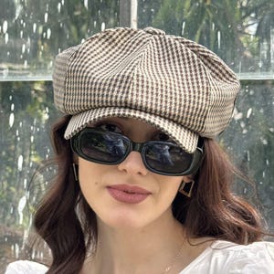 Übergroße Damenmütze Beige-Braun,Frauen Zeitungsjunge Mütze Unisex,Frühling Hahnentritt Wollmütze,beige-braune Gavroche Hut,Frauen Mütze altmodisch