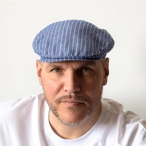 Blue-white summer flat cap,linen Ivy cap men,striped newsboy cap,blue Gatsby cap,Schiebermütze,linen pageboy hat men,handmade linen flat cap