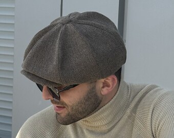 Pale brown herringbone wool cap, Peaky blinders hat, newsboy cap, hooligan hat,8-panel cap, flat cap, newsboy hat, Shelby cap, Driving Hat