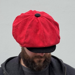 Red-black newsboy cap,spring red-black corduroy cap,red-black baker boy cap,corduroy hooligan cap,Peaky blinders,mod red spring hat unisex