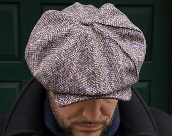 Gorra de vendedor de periódicos de lana, gorra Gavroche de lana marrón y azul, gorra Applejack de lana, gorra Peaky Blinders, gorra antigua de lana, gorra retro de lana marrón, azul y blanca.