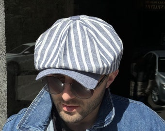 Summer hats for man,blue-white linen cap,men's newsboy hat,Peaky blinders hat, newsboy cap,Gavroche hat,8 panels cap,Peaky hats,pageboy hat