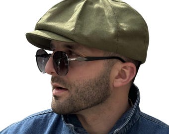 Green summer hat,summer linen cap,Peaky blinders hat,green newsboy hat,Shelby cap,khaki 8 panels hat,linen mens newsboy cap,sun hat for men